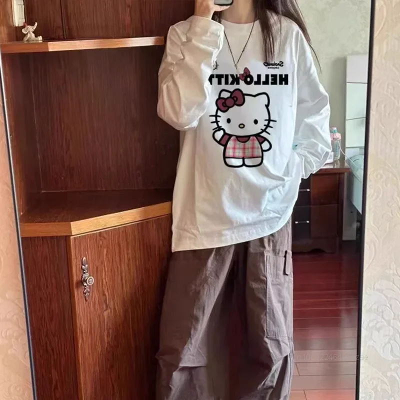 Sanrio Hello Kitty Cute Sweet Cartoon Long Sleeve T-shirt Women New Autumn Loose Casual Top American Style Simple Versatile Tees