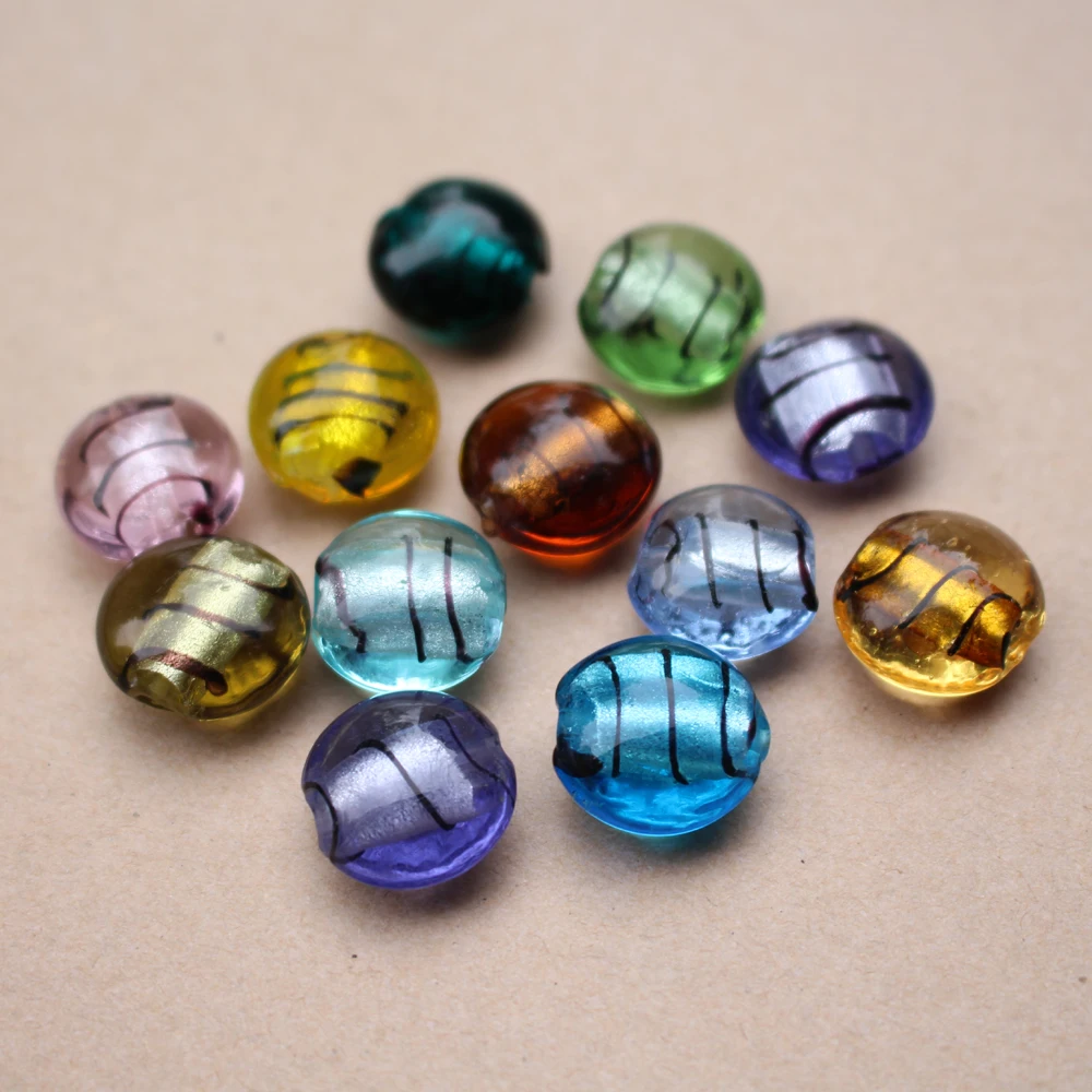 10Pcs 15 20mm Lampwork glass beads Round Flat Black stripes Foiled Multi-Color for jewelry Bracelet Necklace EarringDIY Fashion