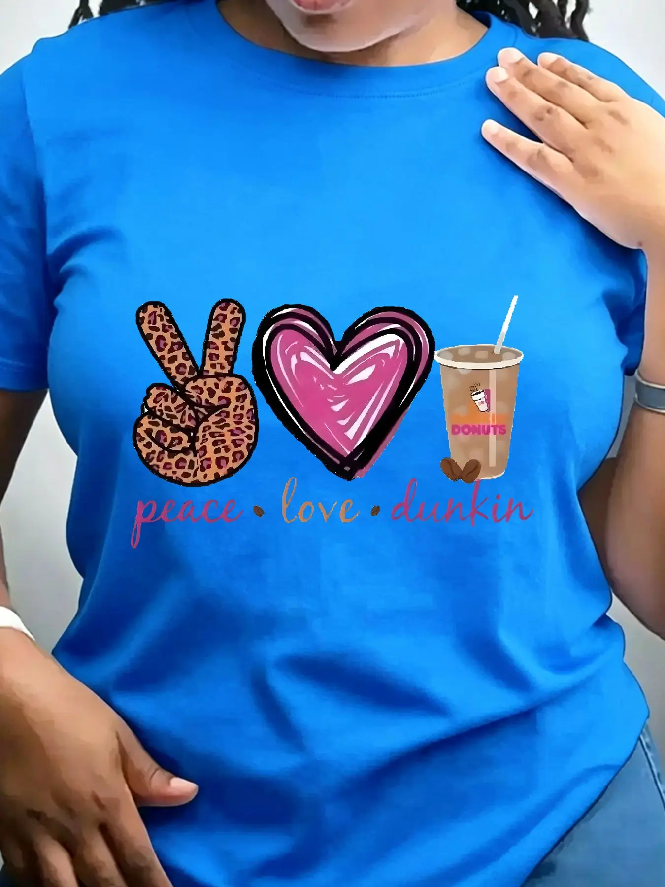 Women's Trendy Crew Neck T-Shirt Peace Love Dunkin Donuts Graphic Suitable for Casual Sportswear view 6