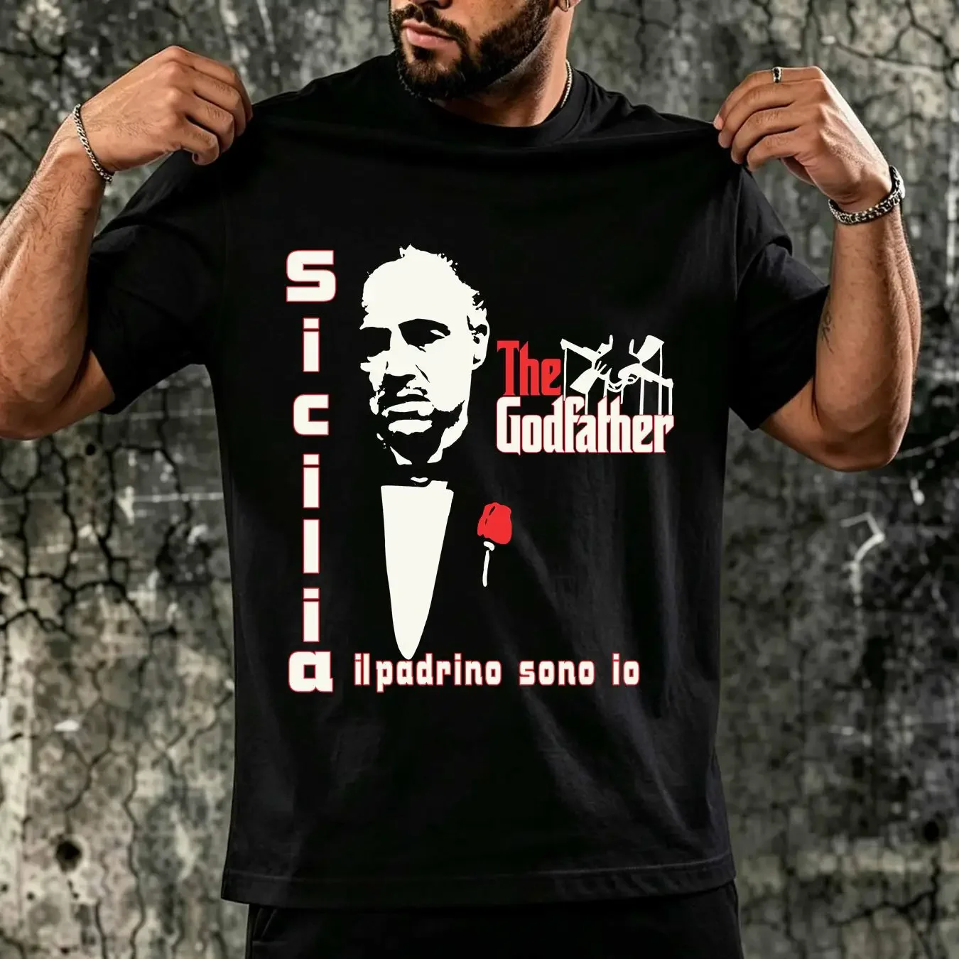 washed T Shirt The Godfather Sicilia il Padrino Sona ia Movie Size XXL Black Crewneck vintage Washed homme Slightly Versatile