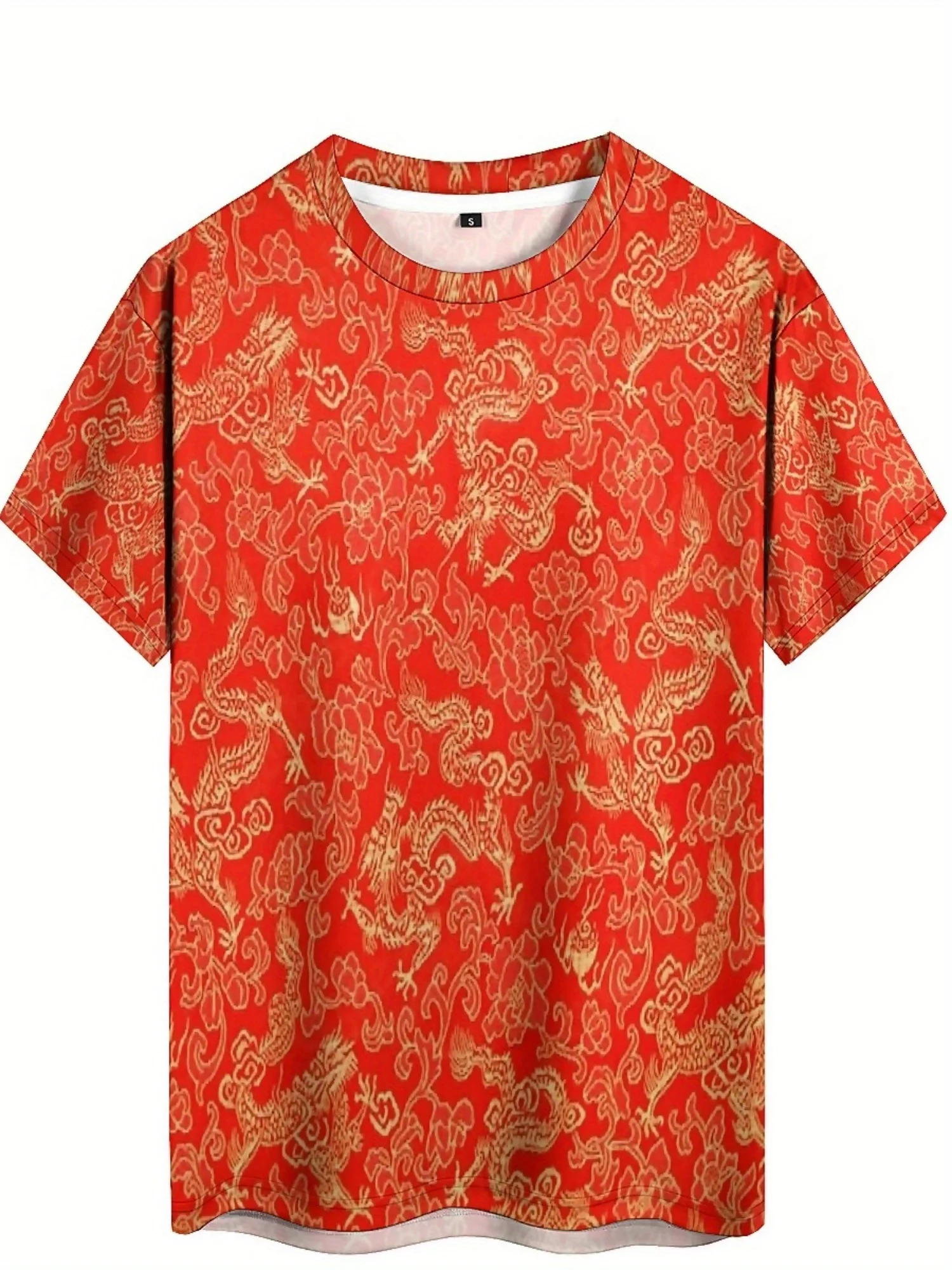 Męska koszulka letnia z nadrukiem 3D smoka i kwiatów - czerwona koszulka z krótkim rękawem i złotym i pomarańczowym wzorem, sportowy okrągły dekolt