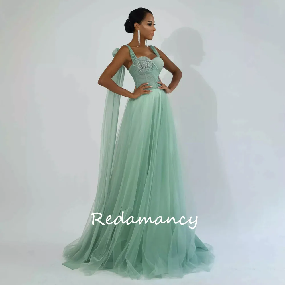 Redamancy индивидуальное зеленое вечернее платье из тюля с бисером и сердечком на шнуровке сзади, платье для выпускного вечера, элегантное длинное вечернее платье трапециевидной формы