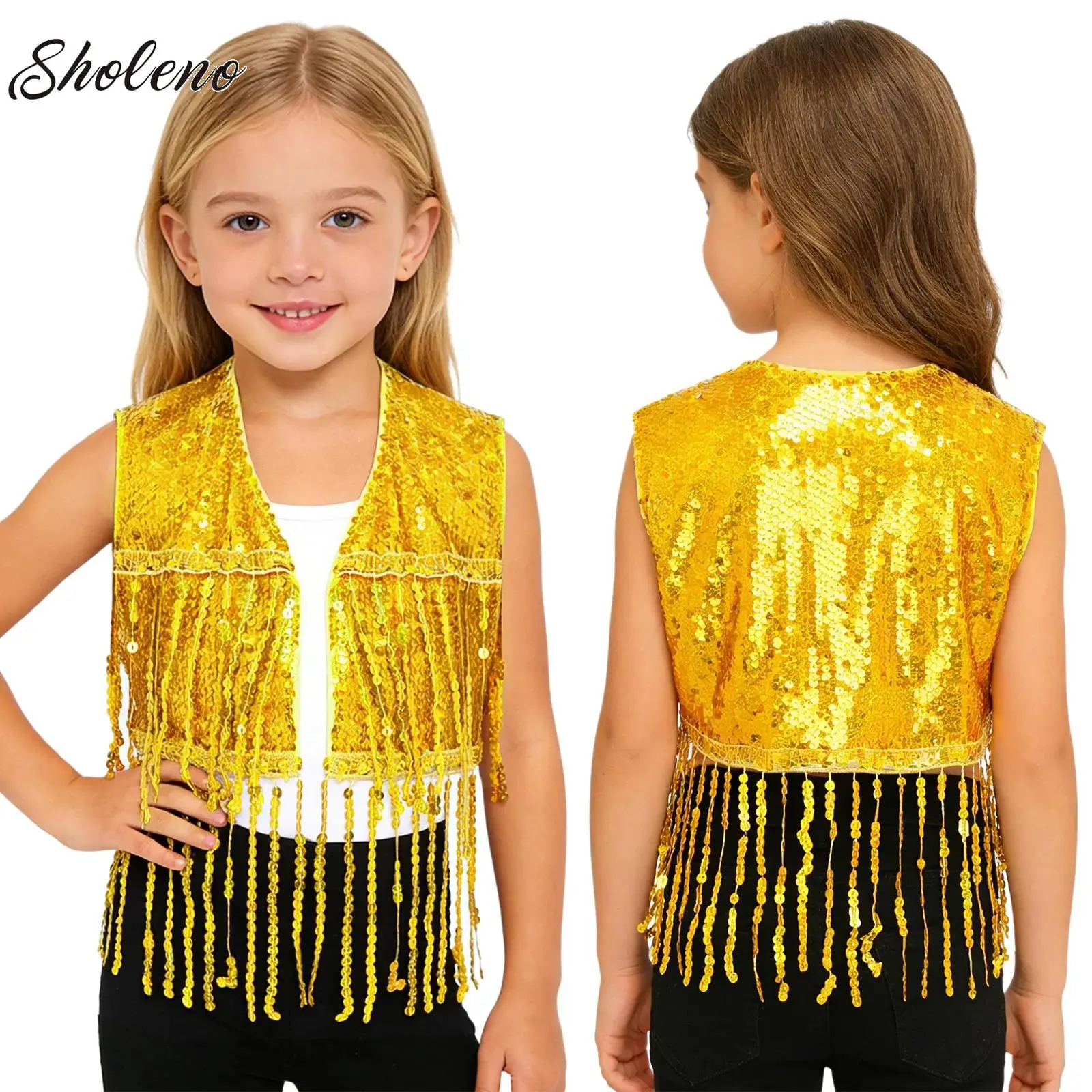 

Girls Fringe Vest Jazz Modern Dance Waistcoat Glitter Tassel Sleeveless Jacket Sequins Vests Music Festival Costumes Clubwear