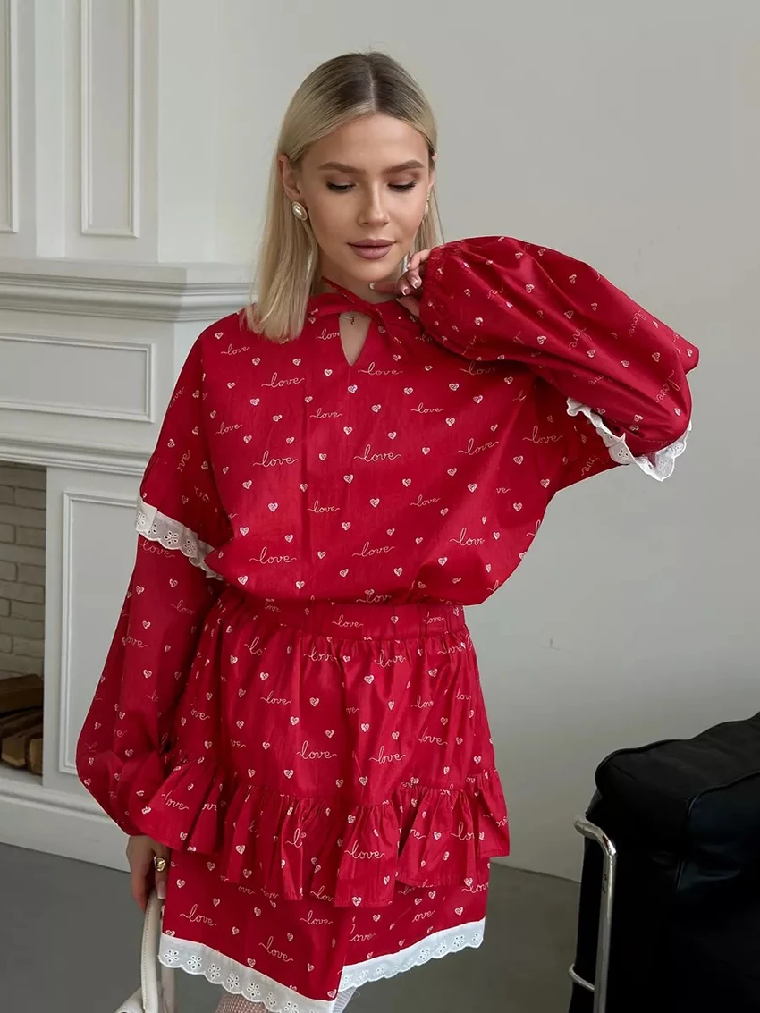 

Marthaqiqi Casual Female Pajamas Set Sexy O-Neck Sleepwear Long Sleeve Nightgowns Short Skirts Loose Printing Home Clothes Women