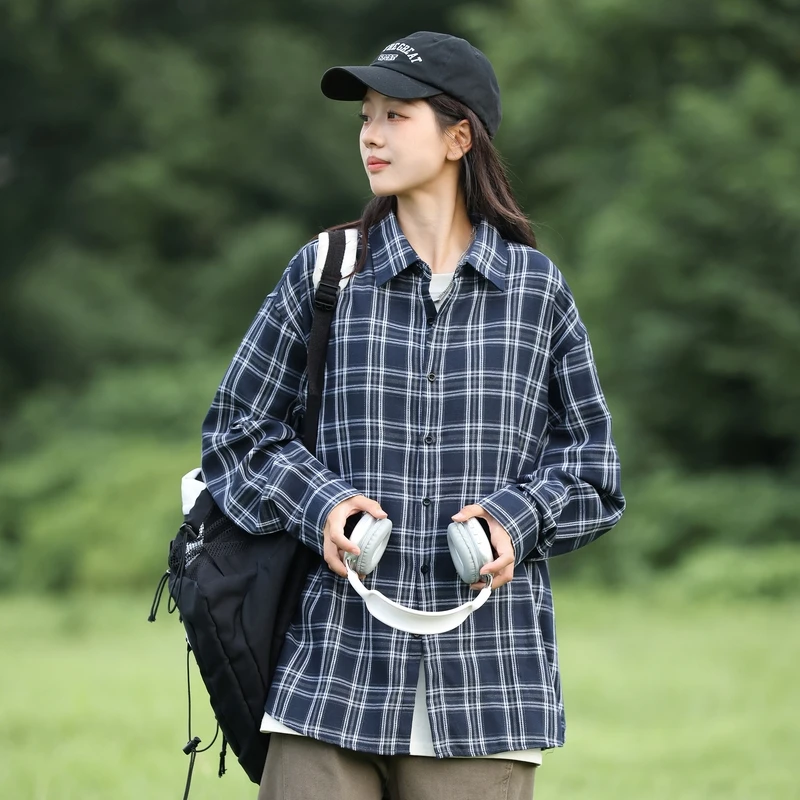 

Autumn Loose Blue Plaid Shirt Women Vintage Long Sleeve Fashion Loose Lapel Shirts Streetwear Women's Blouse Tops Korean Style