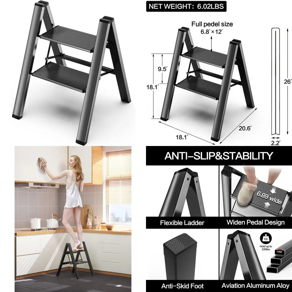 

Aluminum Folding Step Ladder, 2-Step Anti-Slip Stool, Lightweight Portable for Home and Garden Use