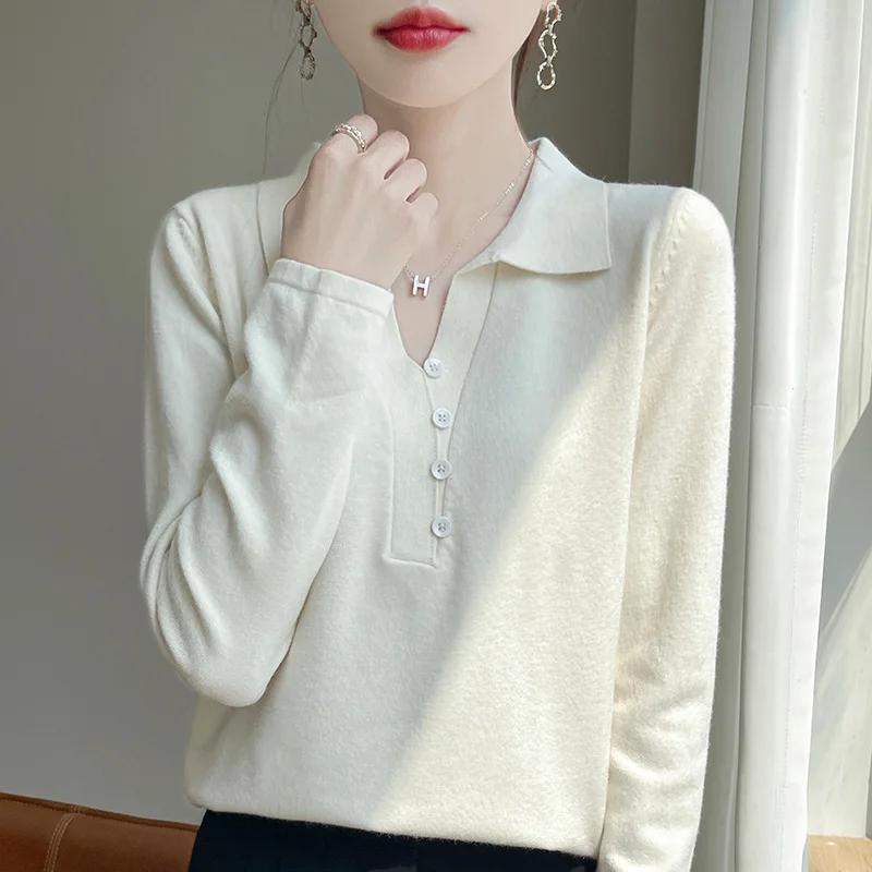 Autumn and winter new 100% pure wool women\'s polo neck sweater loose fashion solid color long sleeve knitted cashmere sweater.