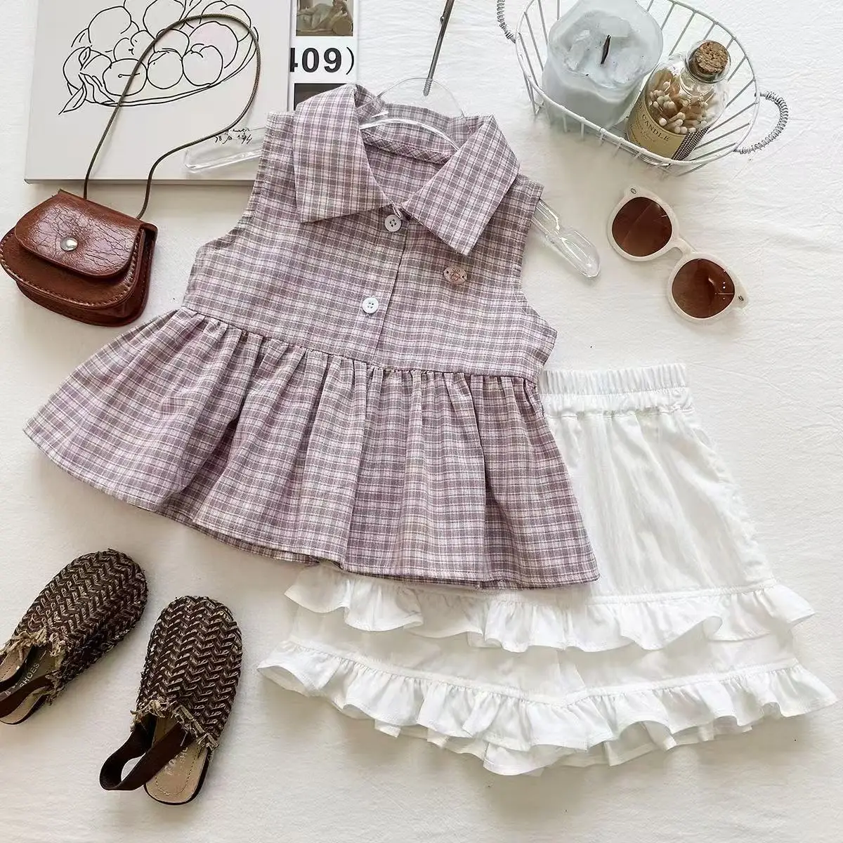 Plaid Vest & Ruffled Skirt Pants 2Pcs Set Girls Preppy Style Lapel Outfit Summer Cute Fashion Clothes for Toddler Baby Girls