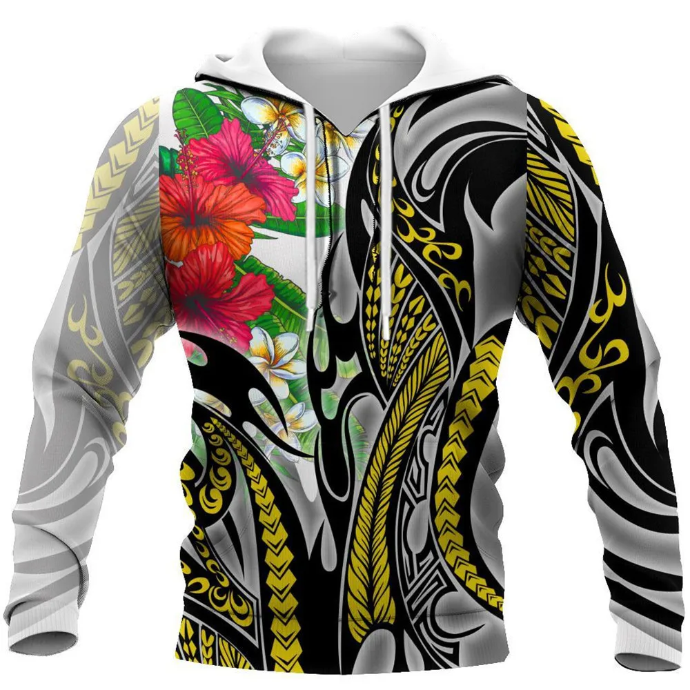 HX Polynesian Hoodies Amazing Turquoise Gold Tribal Pattern Hisbiscus Plumeria Hoodie Sweatshirts Fashion Pullover Tops