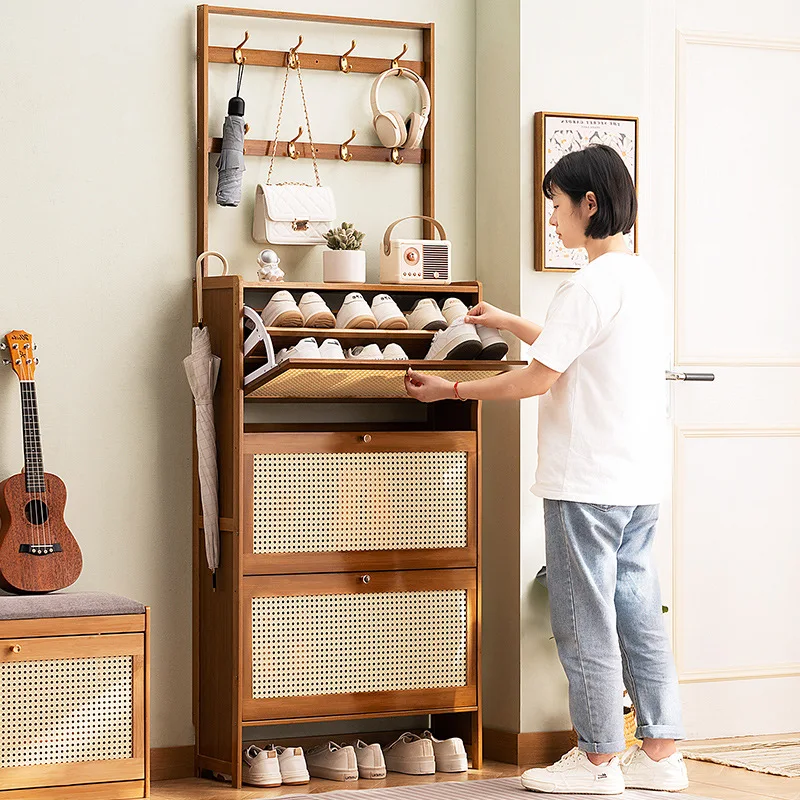 Bamboo Flip Top Shoe Cabinet, Ultra Thin Entryway Rack for Small Space, Large Capacity Door Hanger, Space-Saving Organizer