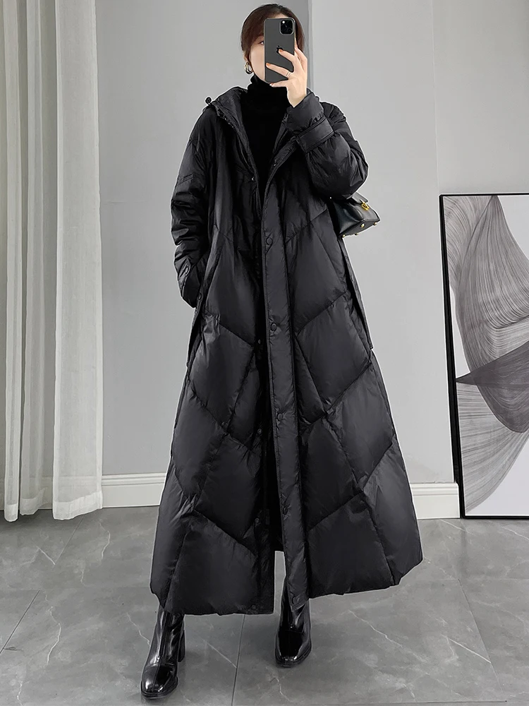 

2025 Winter New Women's Ultra-Long Loose Fit Hooded down Jaet Thiened Bla Du Feather Coat Korean Sle Commute Wind