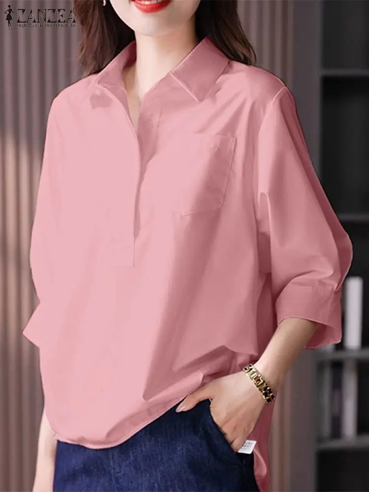 ZANZEA Elegant Women Shirt Fashion Lapel Neck OL Blouse Spring Tunic Tops Female 3/4 Sleeve Work Blusas Oversize Chemise Mujer