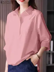 ZANZEA-blusa elegante con cuello de solapa para Mujer, camisa de trabajo de manga 3/4, talla grande