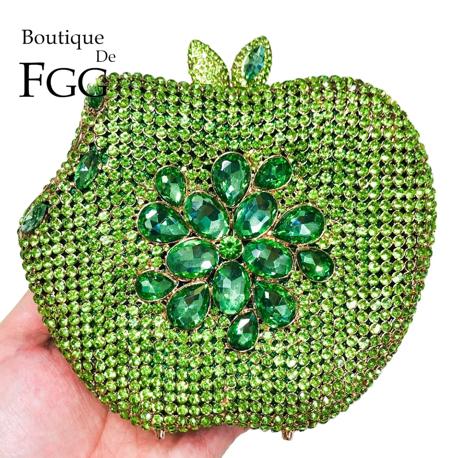 Boutique De FGG Green Bite Apple Shape Women Evening Bag, Hardcase Crystal Clutch Purse for Party, Sparkly Rhinestone Clutch Bag