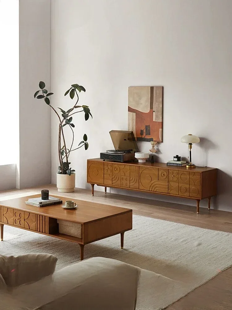 

Nordic expression TV cabinet retro solid wood carved living room household small flat floor middle light luxury TV cabinet