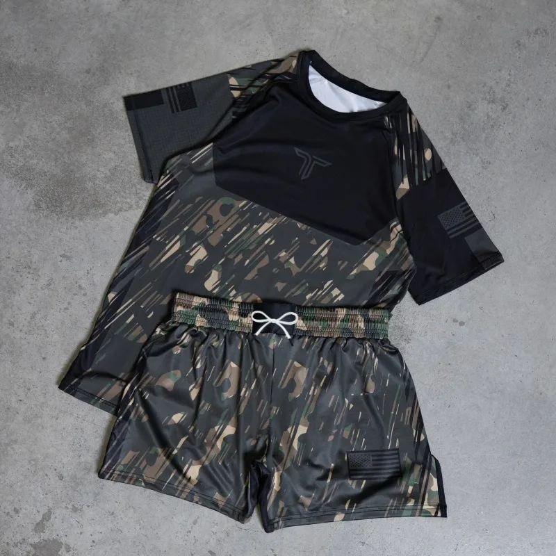 2026 Nieuw Y2K Trendy Jungle Style vechtpak, patchwork ademende sneldrogende sport fitness korte mouwen shorts, unisex