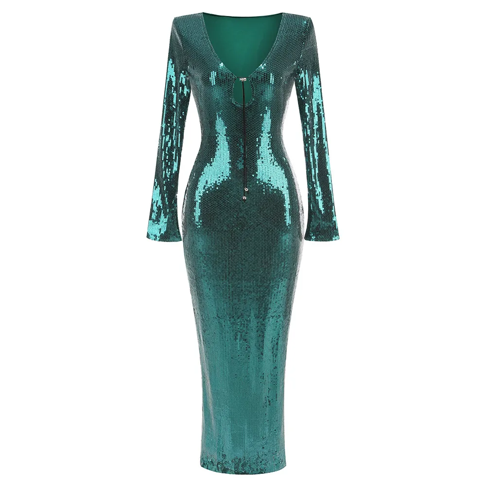 Sexy V-hals Flare Lange Mouw Pailletten Maxi Jurk Vrouwen Elegante Groene Lovertjes Split Bodycon Celebrity Avondfeest Lange Jurken - afbeelding 2