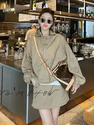 Vintage Casual Hooded Sunscreen Dress Sets Loose Short Skirt Thin Sunscreen Long Sleeve Outdoor Jackets Womens Two Peice Sets