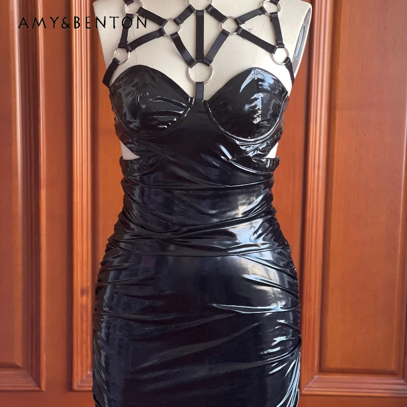 

Original Design Gothic Dark Sexy PU Choker Hollow Out Women's Dress Punk New Style Tight-Fitting Shaping Black Dresses Ladies