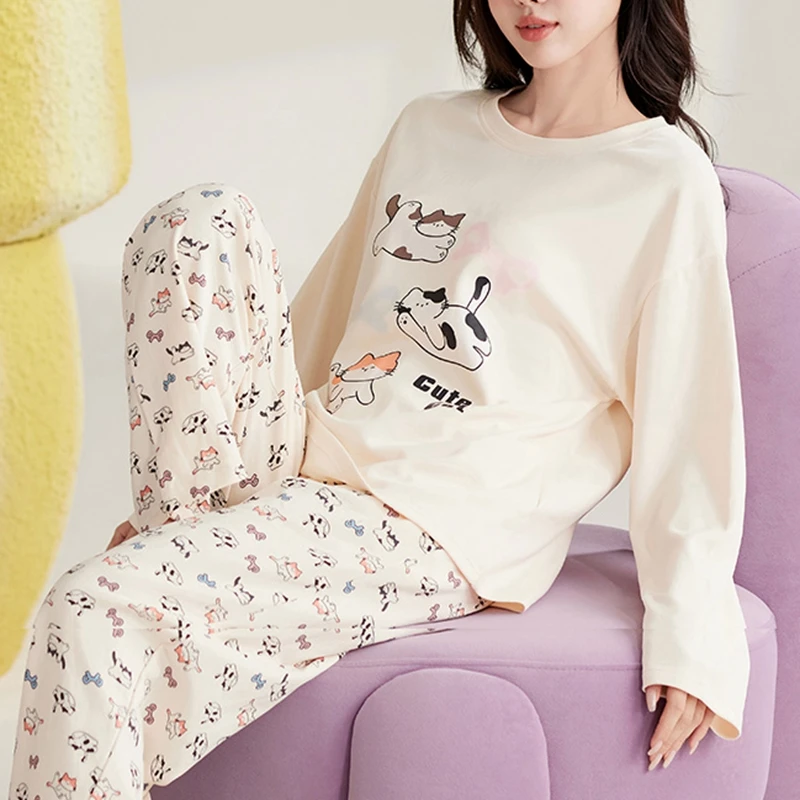 Cute Cat Pajamas Set Women Autumn Winter Long Sleeves Long Pants Sleepwear Soft Pijamas Cozy Pyjamas Kawaii Nightshirt Girls Pjs