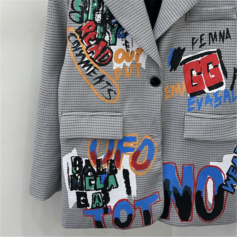 Grijze Graffiti Letters Plaid Blazer Jas Vrouwen Bovenkleding Grote Zak Lange Mouw Jasje Vrouwelijke Koreaanse Casual Blazers