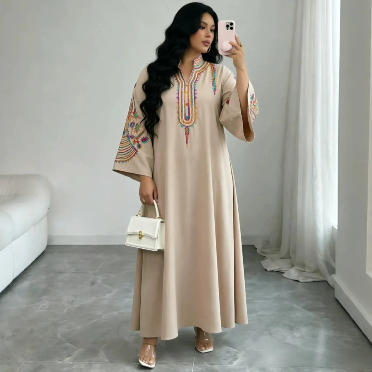 New Dubai Luxury Navy Blue Muslim Abaya Colorful Intricate Embroidery on Neckline Sleeves for Middle Eastern Weddings End Iftar