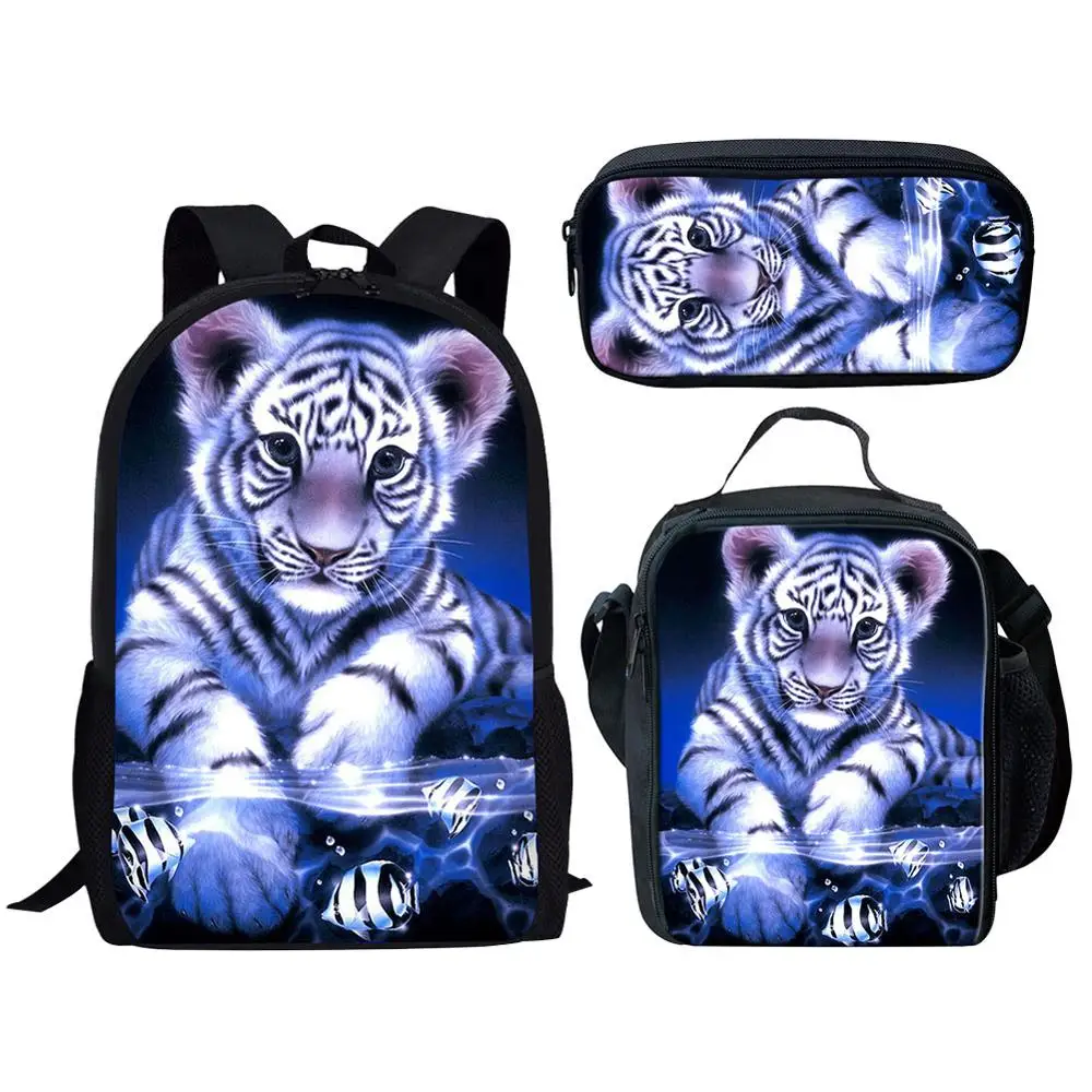 Tiger Baby 3D Print School Bag Set, sacos de livros padrão animal, mochila com lancheira, estojo de lápis, meninos e meninas, adolescentes, fofos, 3 peças