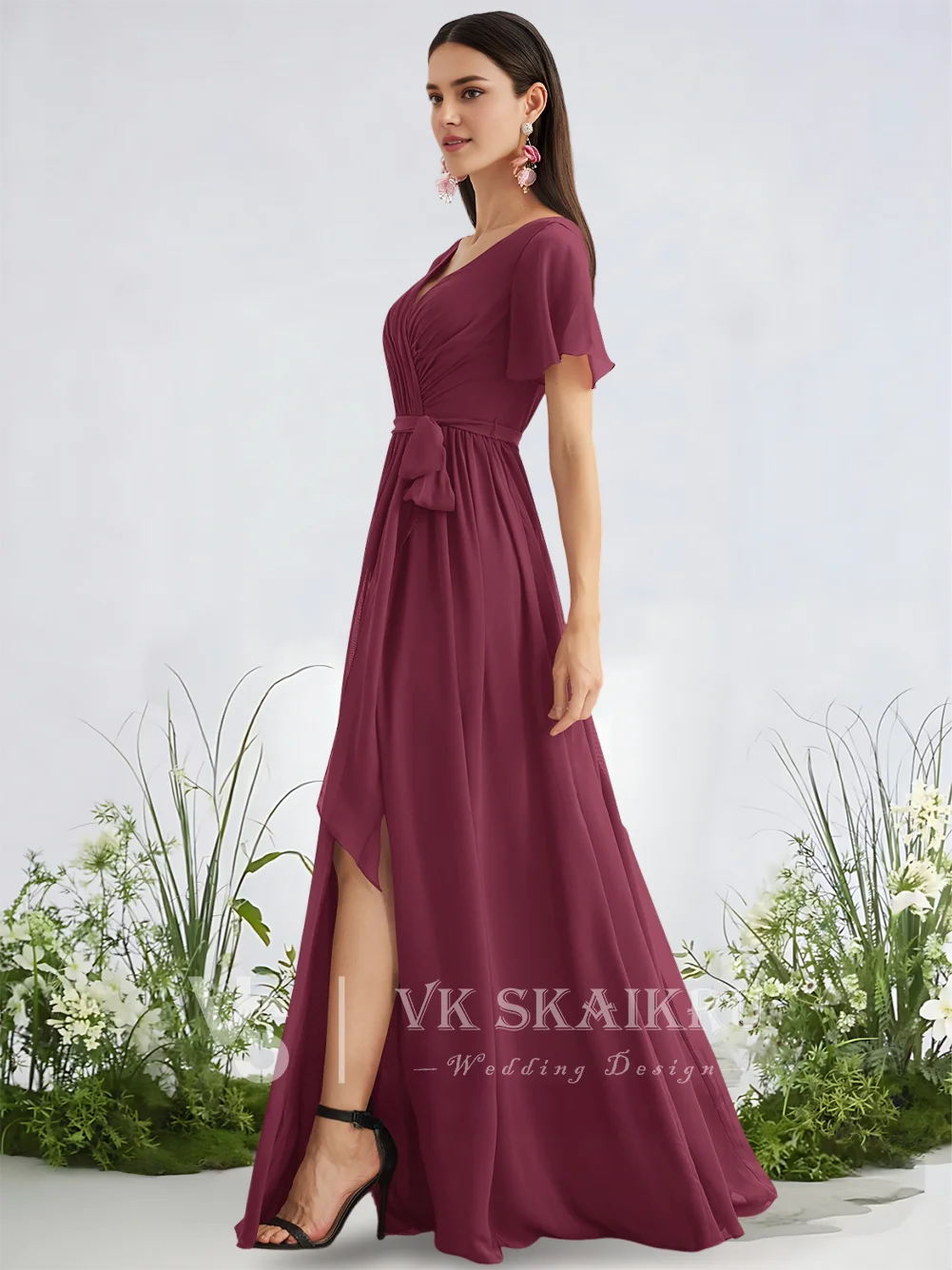 

A Ethereal A-Line Bridesmaid Dresses Frosted Lilac V-Neck Floor-Length Chiffon Garden Gala Wedding Party Gown Cascading Ruffles