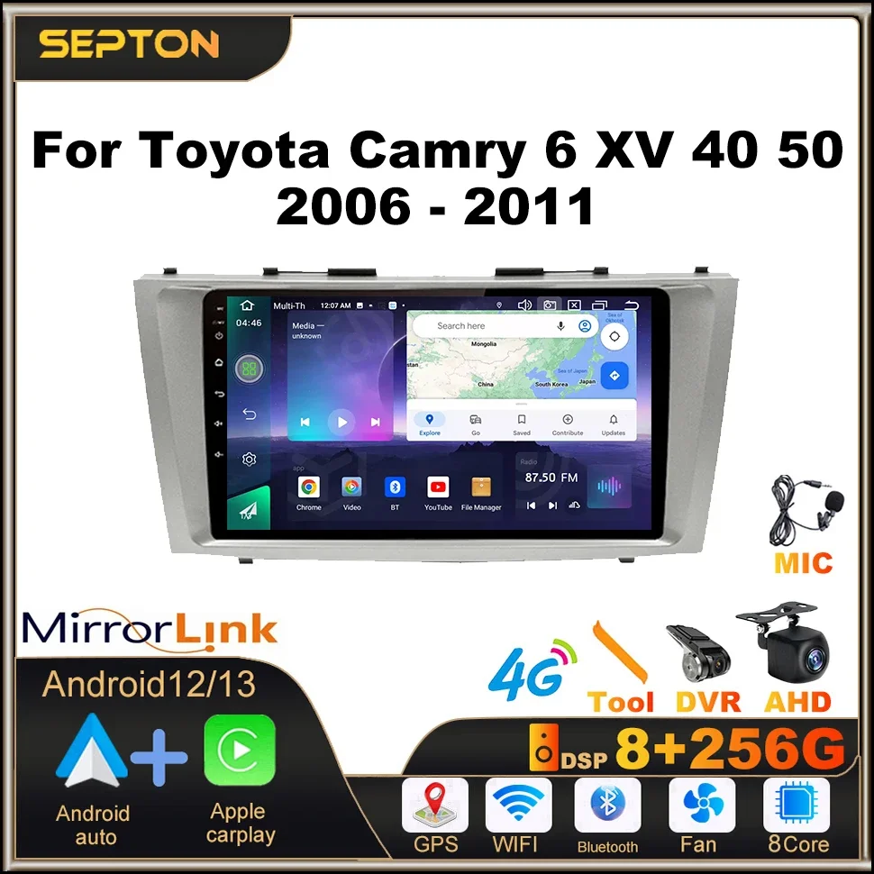 

SEPTON 8+128G Android12 Car Stereo Radio for Toyota Camry 6 XV 40 50 2006-2011 Multimedia Video Player Carplay Radio Automotivo