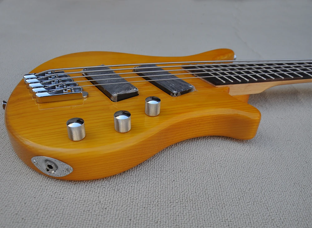 5 Strings Light Yellow Electric Bass Guitar with Slanted Frets,Rosewood Fretboard,Cstomized Logo/Color Available