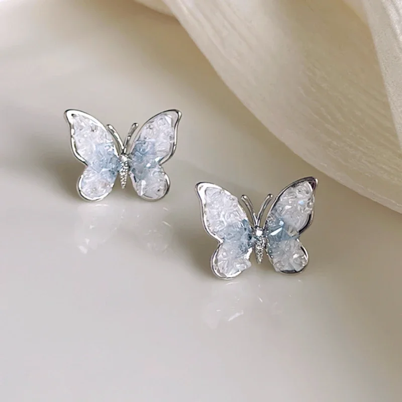 New Arrival Vintage Morandi Blue Gradient Crystal Butterfly Earrings for Women Charm Personalized Stud Earring Birthday Jewelry