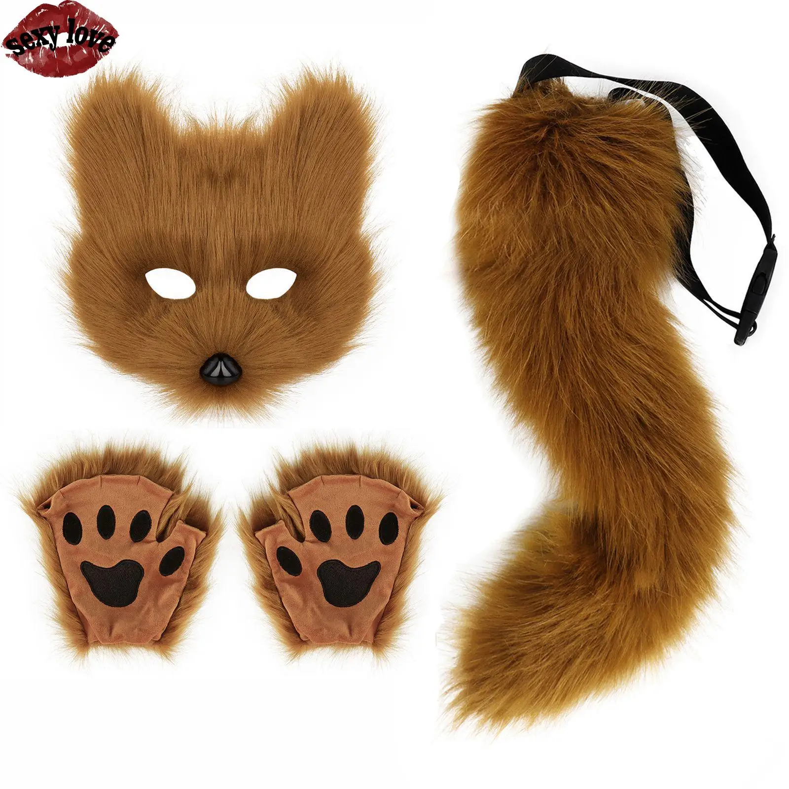 Fashion Festival Cosplay Accessories Halloween Decoration Plush Cat Fox Tail Orc Style Mask Gloves Three Piece Set Cosplay Props