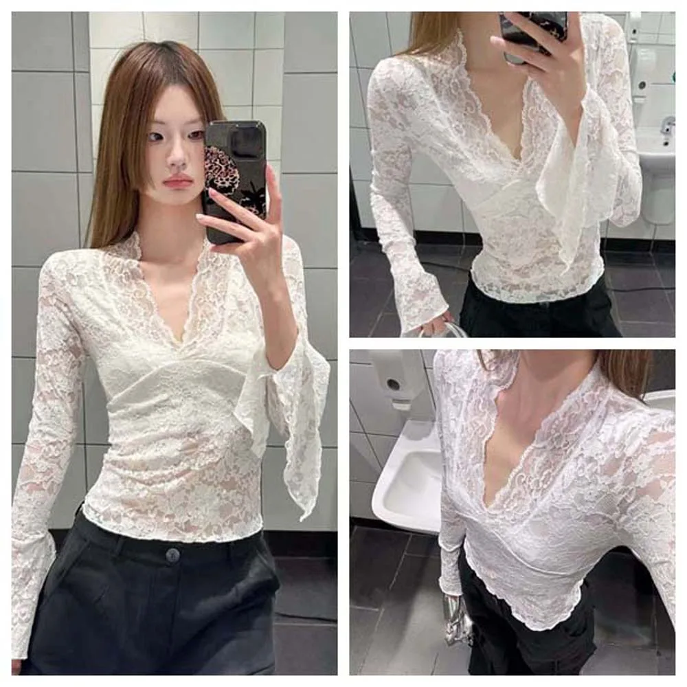

Блузка с кружевным низом и низким воротником, тонкий прозрачный сетчатый топ с длинными рукавами, майка во французском стиле с v-образным вырезом, облегающий топ для вечеринок