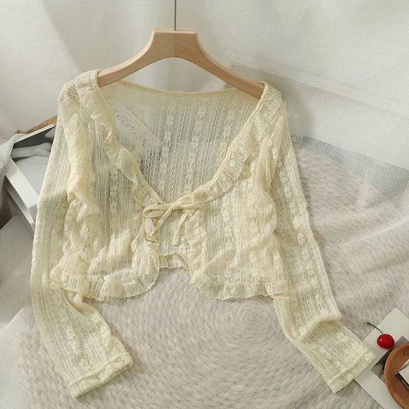 Casual Loose White Sun Protection Tops Women Y2K Korean Style Lace Bow Ruffle Cardigan Summer Blouse Coat Shirt Blusa
