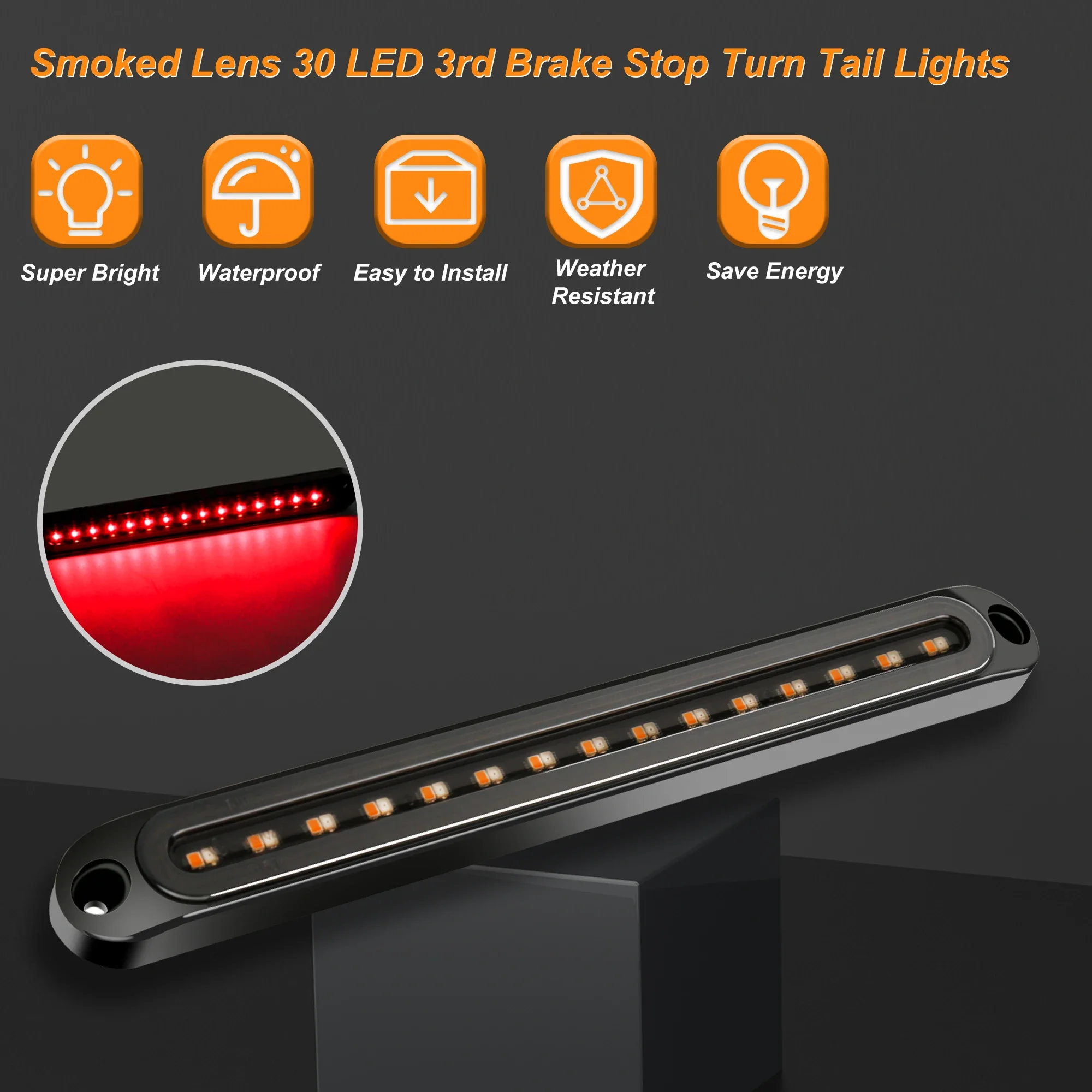 10inch LED Trailer Tail Light Bar Brake Stop Turn Signal Lights Sequential Strobe Strip Lamp Smoked Lens Pickup Truck RV UTV