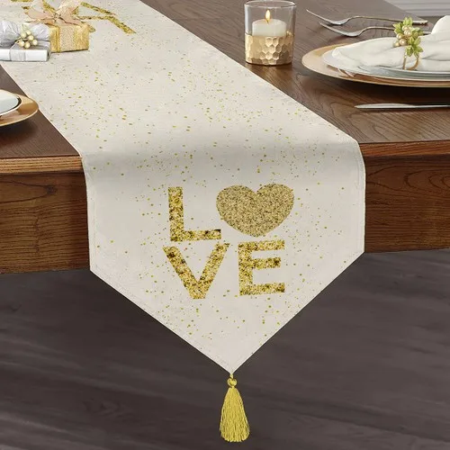 Real Homes On A White Background Gold Color Love Writing Digital Printed Custom Design Tassels Chenille Triangle Runner