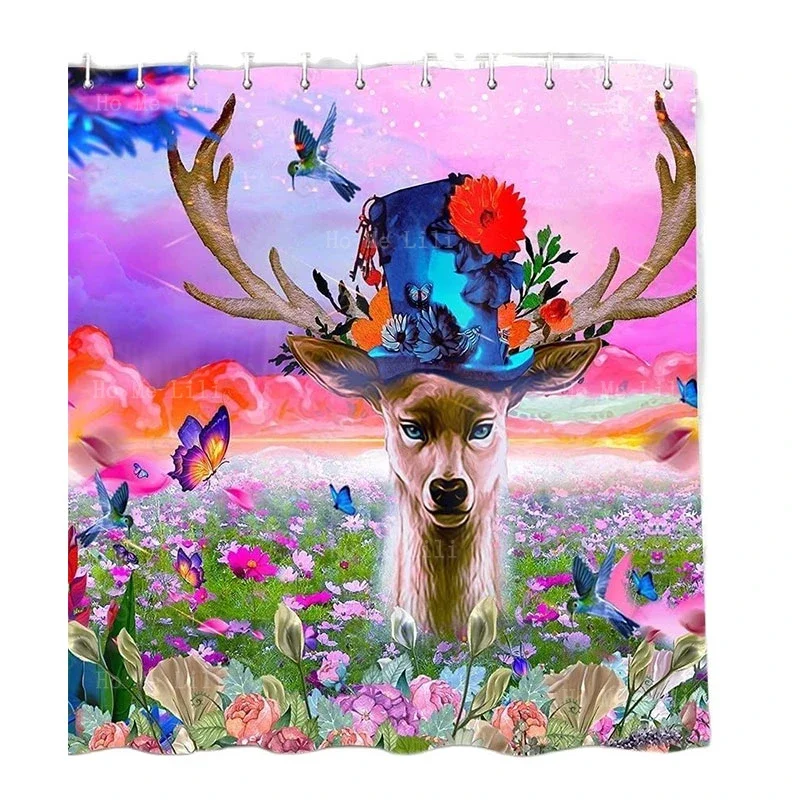 Deer Jungle Animal Sunset Flowers Rainbow Cute Cow With Daisy Country Ranch Decor Humor Farmhouse Shower Curtain