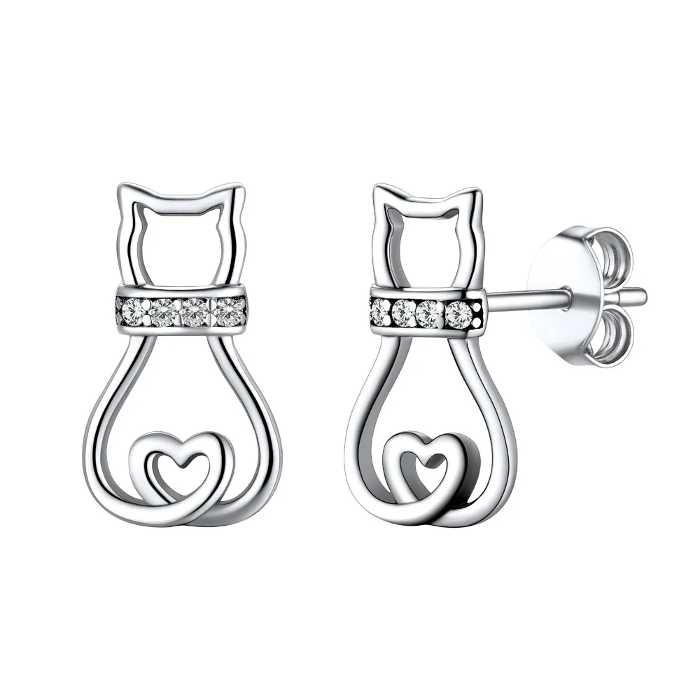 

ChainsPro 925 Sterling Silver Cat Stud Earrings For Women Dainty Gift Heart CZ Brincos Bridesmaid Gift Stud Earrings E601