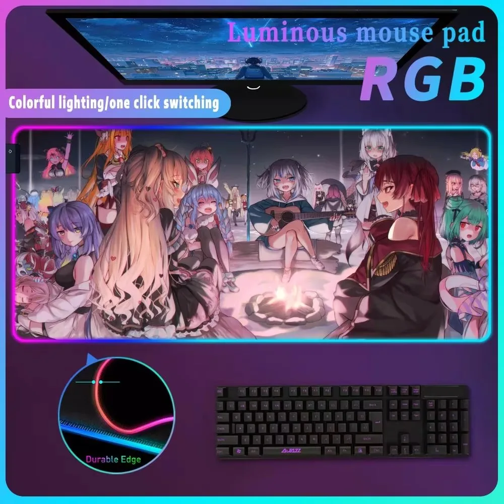 Anime Cute Girl Virtual Idol Nekomata Okayu Computer RGB Mouse Pad With Colorful LED Lamp Luminous Desk Mat Escritorio Accesorio