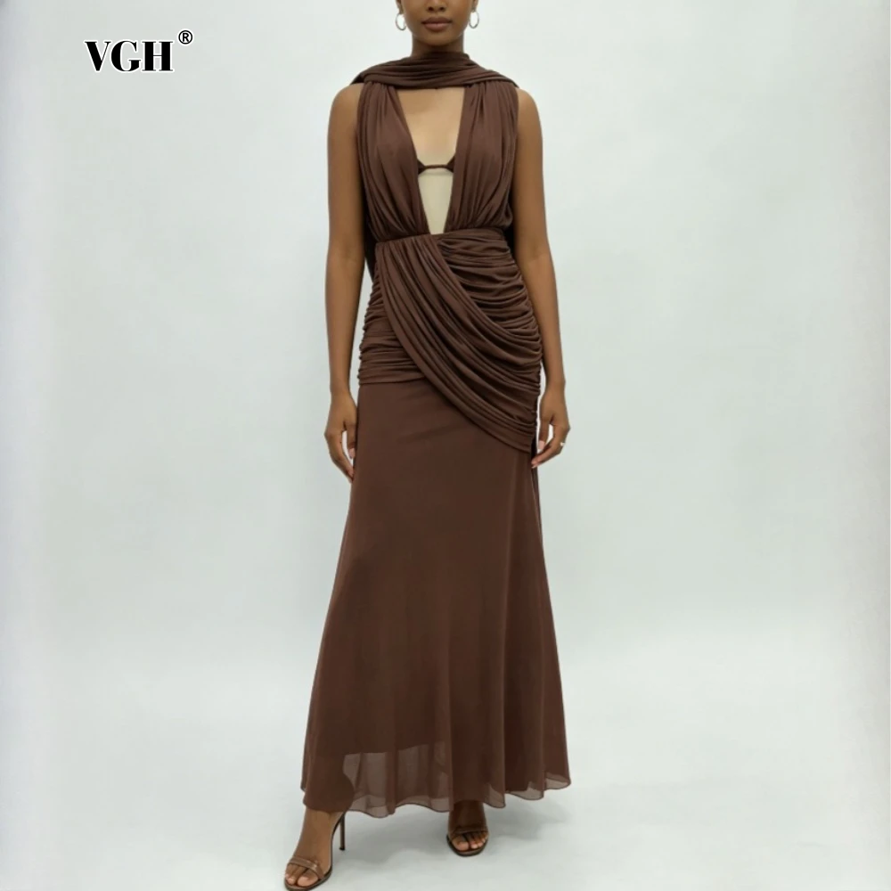 

VGH Coffee Loose Spliced Hollow Out Chic Dresses for Women Halter Sleeveless Luxury Vintage Dress Female Summer Fashion Style