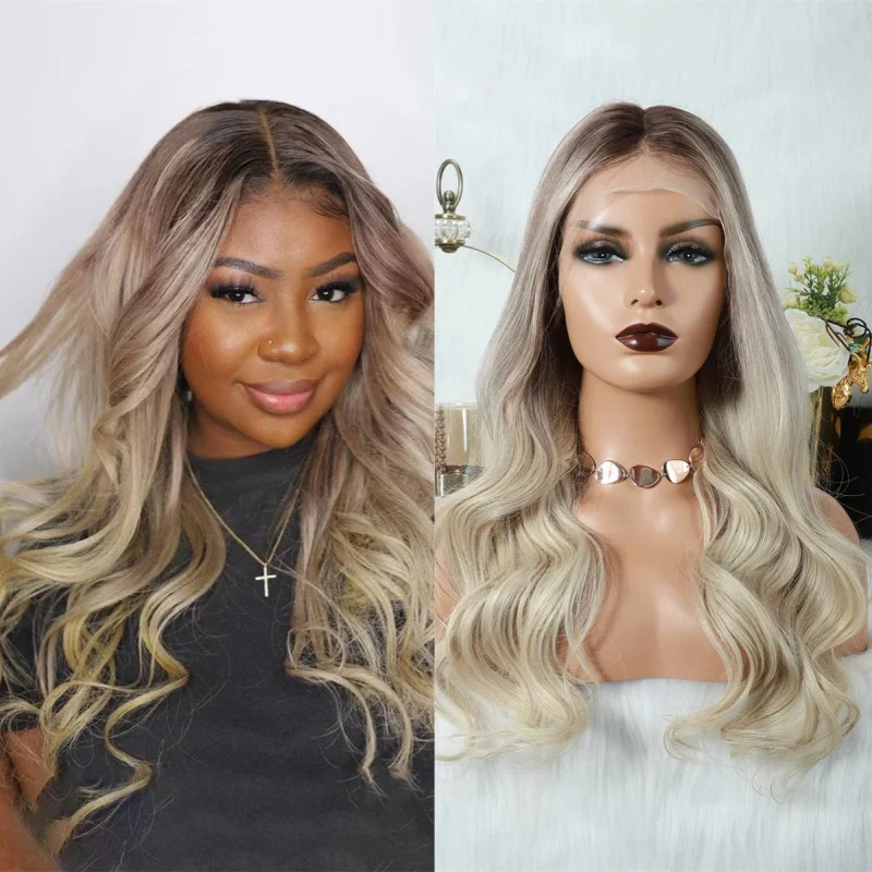 Ombre Balayage Ash Blonde Highlights Synthetic Lace Front Wigs with Dark Roots Elastic Full Wigs Easy Maintenance Soft Long Wave