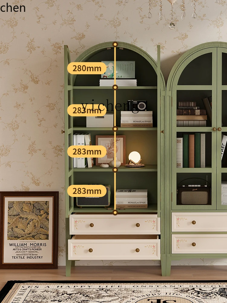CZ Arched Painted Combination Bookcase Living Room Side Cabinet Bedroom Home Vintage Style Green High Cabinet
