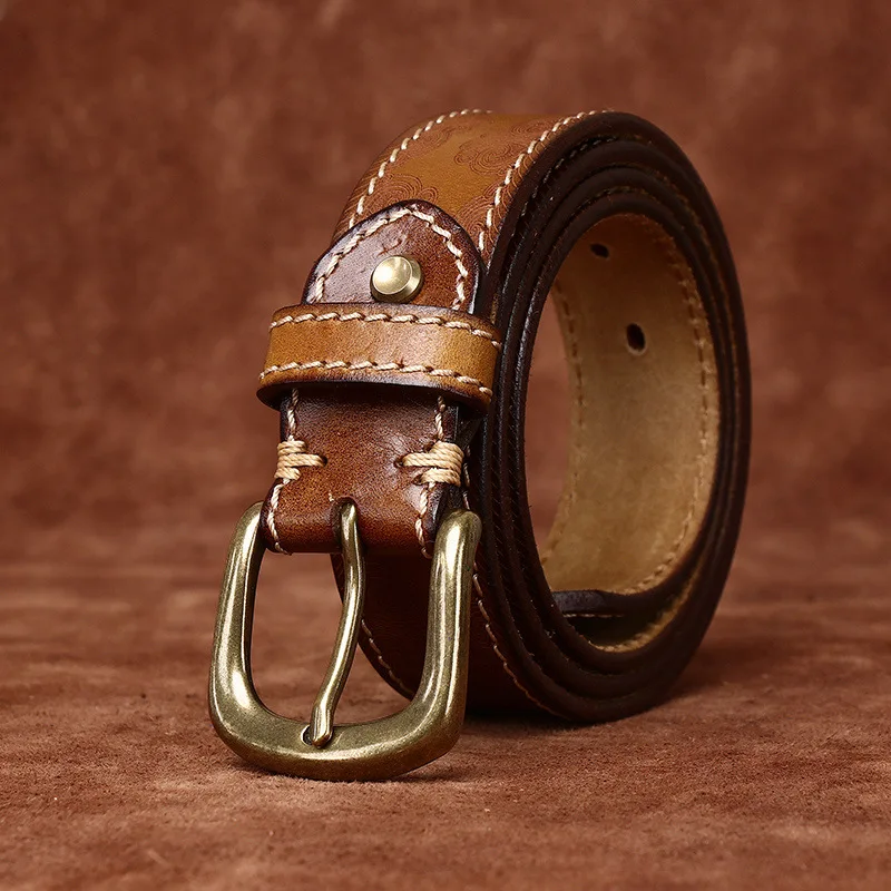 Персонализированный модный тренд шириной 3,3, ретро-верхний слой из воловьей кожи с лазерной гравировкой, мужской ремень из натуральной кожи с пряжкой