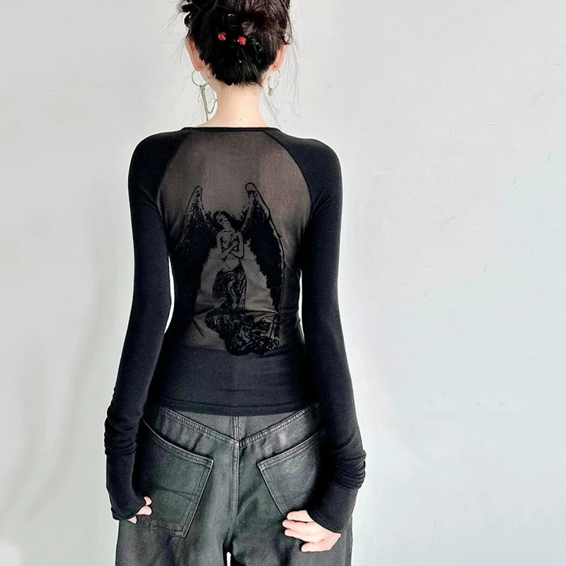 Gidyq Summer Streetwear Women T Shirt American Style Fashion Angel Print Slim Tees Casual Female Sexy Translucent Black Tops New - view 3