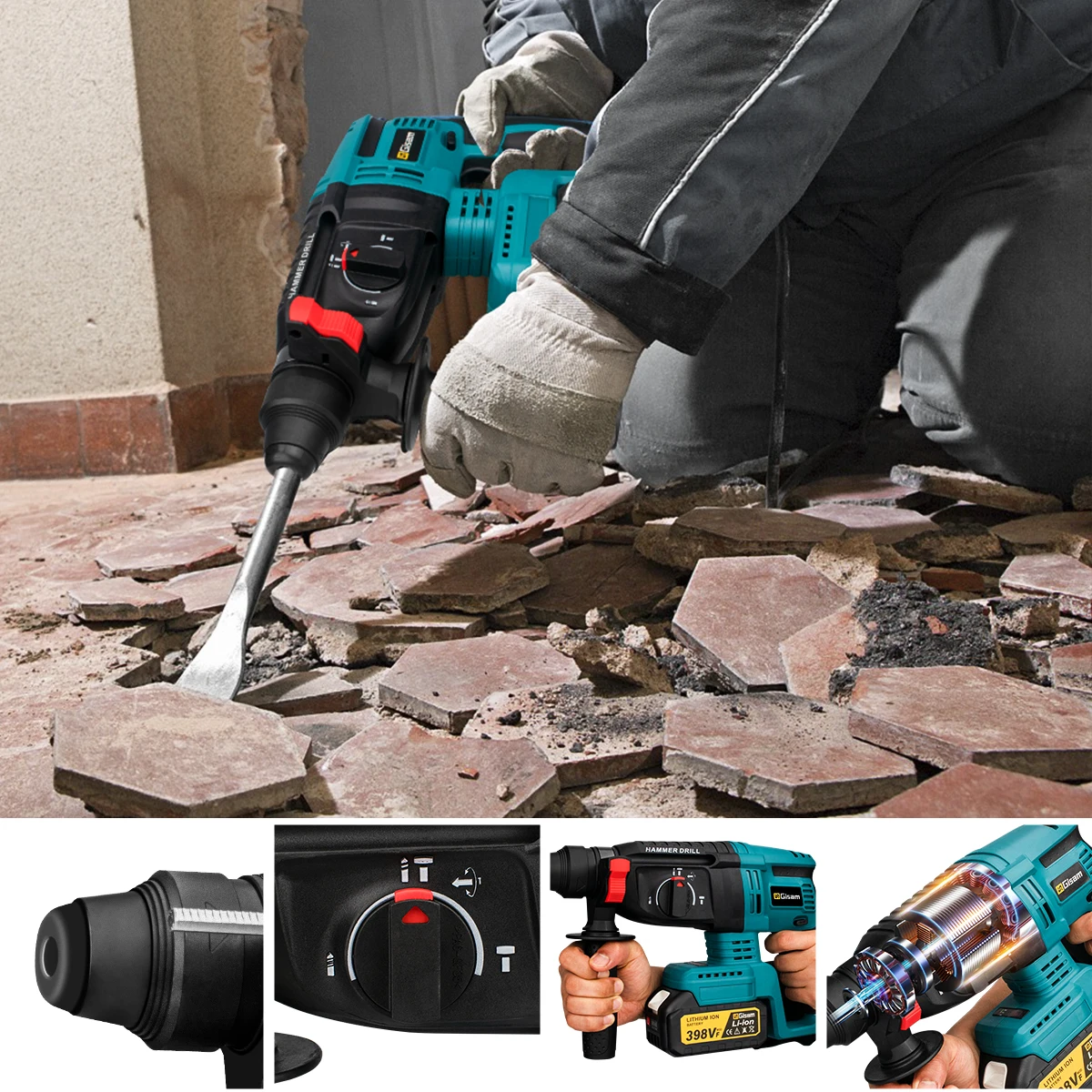 Gisam 26MM Brushless Electric Hammer Drill Multifunctional Cordless Rotary Hammer Impact Drill Power Tool For Makita 18V Battery