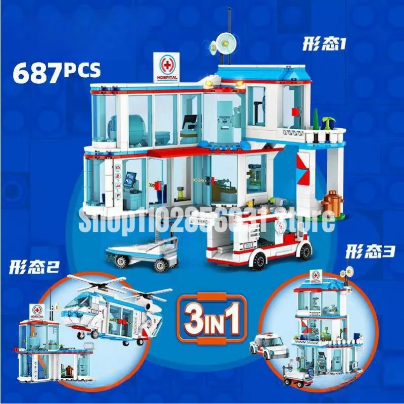 687pcs Hospital Building Blocks Doctor Ambulance Helicopter Bricks Model Toys For Children Gifts