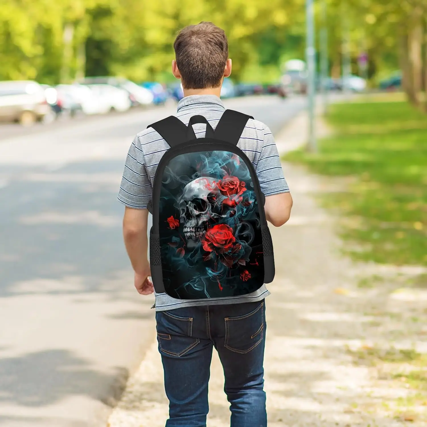 ゴススカルバックパック男の子女の子ゴシックスカル赤いバラブックバッグ小学校中学校バッグ大