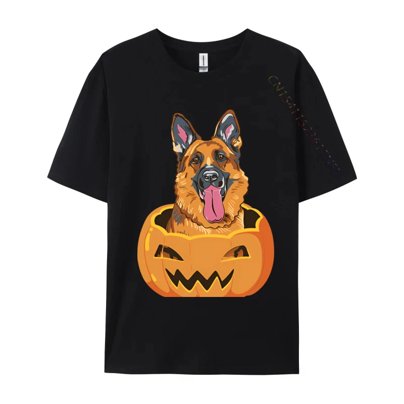 Cute Student Top T-shirts German Shepherd On Pumpkin Lazy Hallo T-shirt Black Europe Tops T Shirt Cotton Street