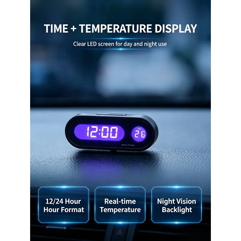 Mini Car Digital Clock LED Backlight Time Temperature Display Adjustable Angle