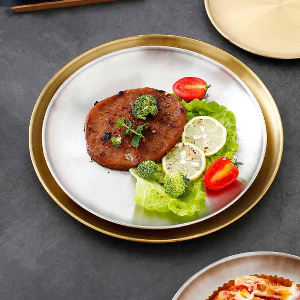 

1 шт., круглый поднос для кофейни, утолщенная тарелка из нержавеющей стали для сервировки еды, поднос для фруктового гриля, кухонные принадлежности, круглая тарелка